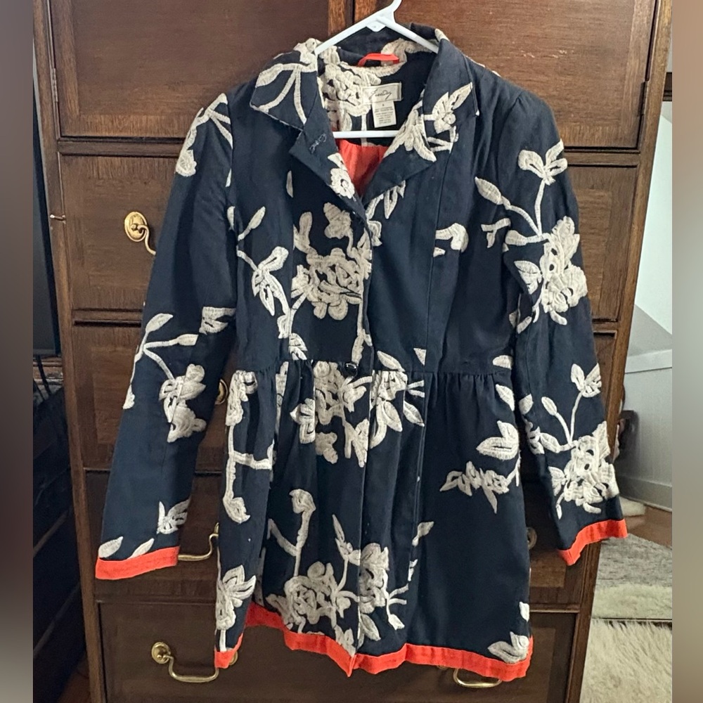 Freeway Floral Embroidered Jacket, Navy With Orange Trim Size Small